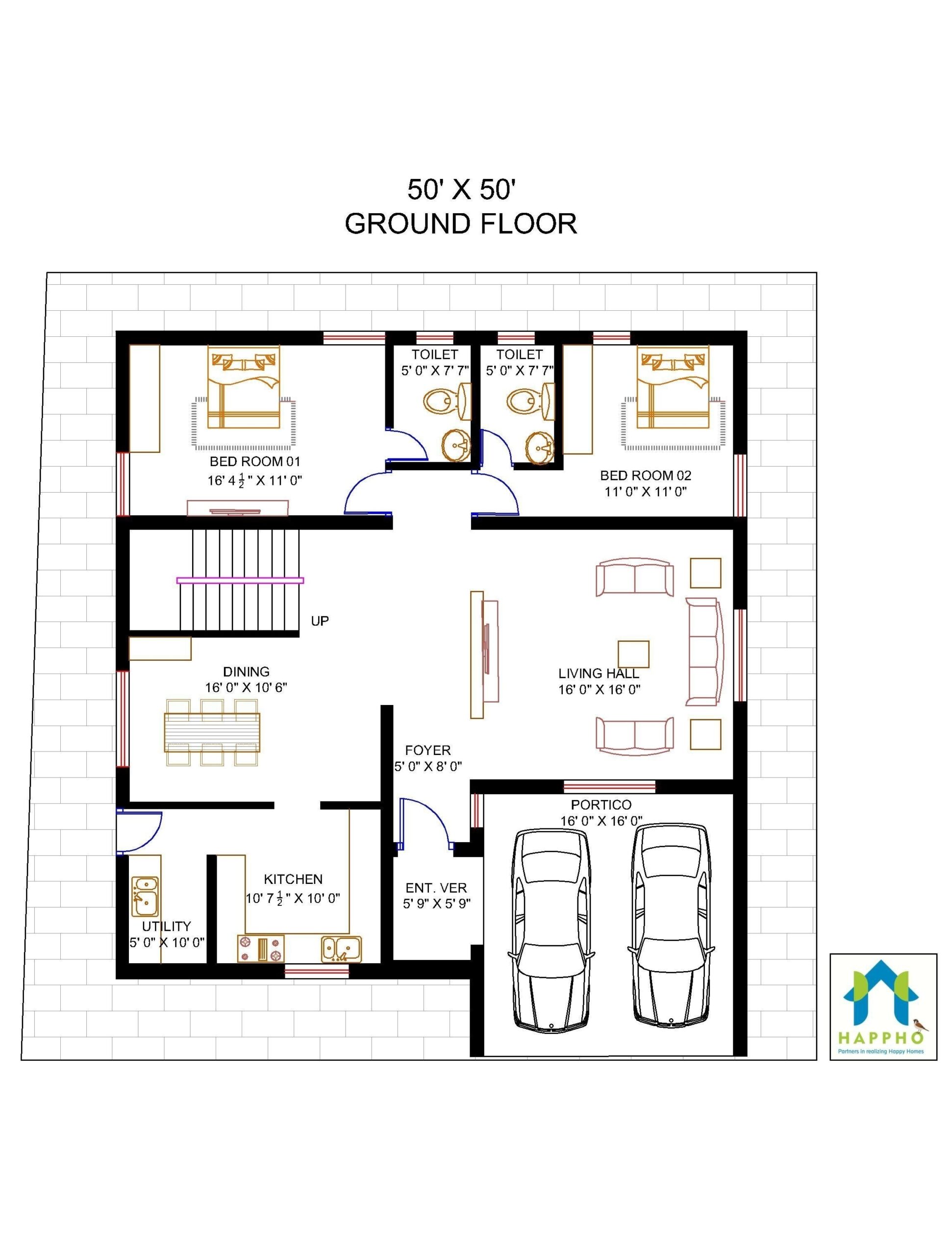 Best vastu complaint 5 bedroom (bhk) floor plan for a 50 x 50 feet plot inside house plan for 16 feet by 60 feet plot