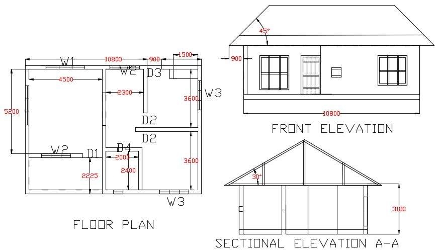 Cool single storey house plan with section and elevation drawing dwg file inside wonderful house plan and elevation drawings