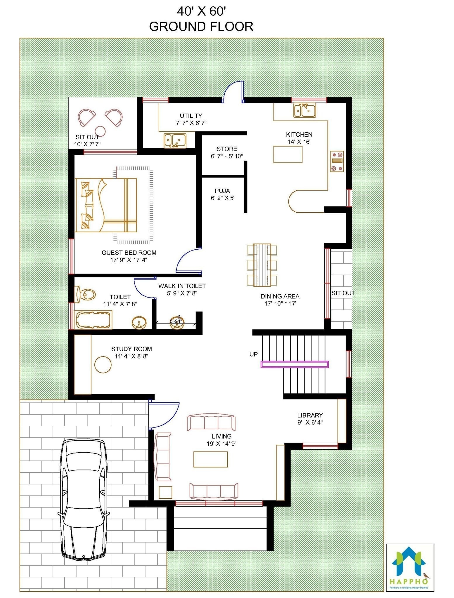 Fascinating floor plan for 40 x 60 feet plot | 3 bhk (2400 square feet/266 sq yards in fantastic house plan for 20 feet by 60 feet plot