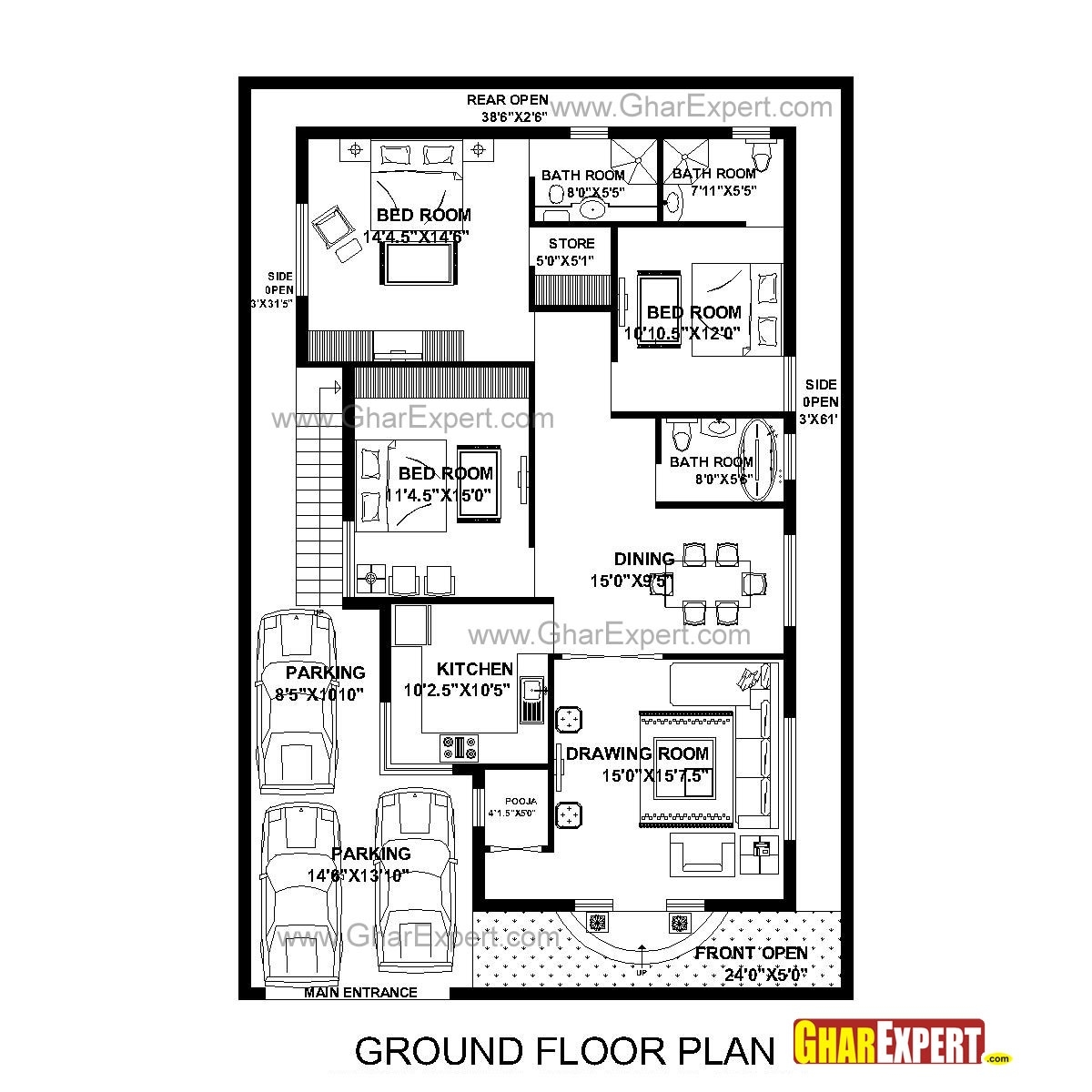 Great house plan for 40 feet60 feet plot with 7 bedrooms | acha homes within 22*60 house plan