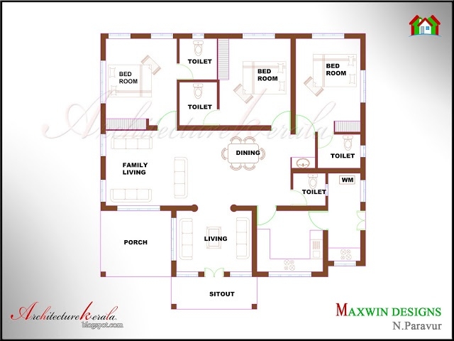 Inspirational simple style 3 bedroom kerala home elevation with floor plan kerala inside 3 bedroom house plans kerala single floor