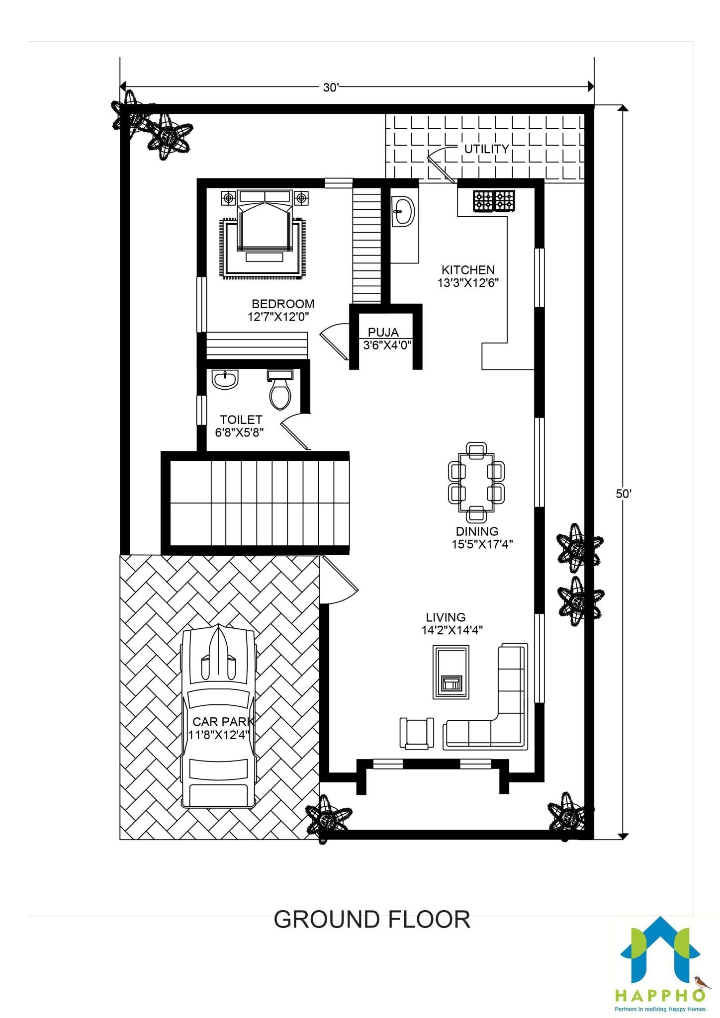 Interesting floor plan for 30 x 50 feet plot | 3 bhk (1500 square feet/167 sq yards pertaining to astonishing 1500 square feet house plans india