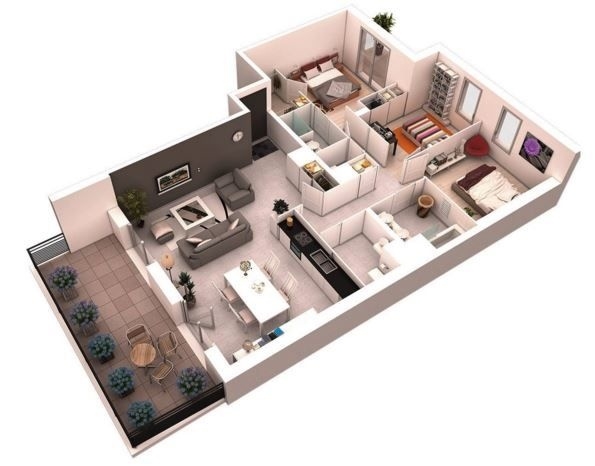 Mesmerizing modelo de departamento en 3d 90m2 3d house plans, house blueprints inside interesting small house plan 3 bedroom