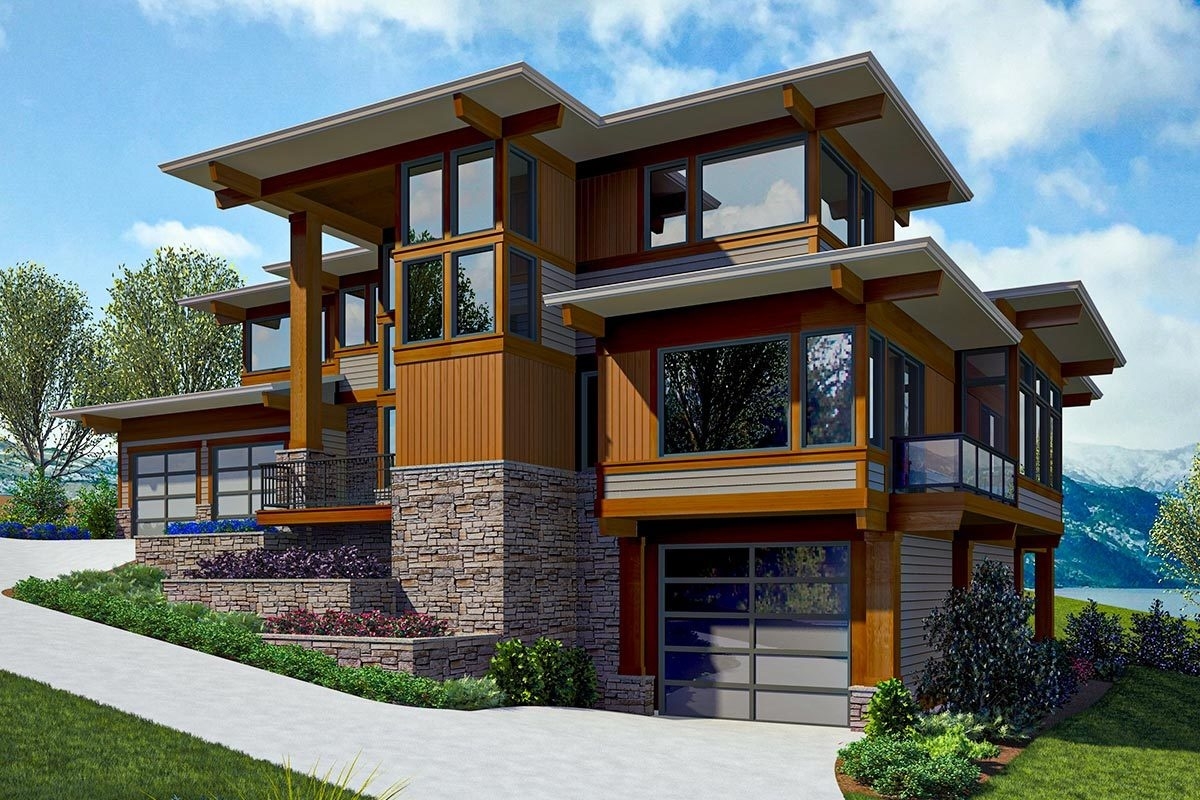 Must see modern two story house plan with large covered decks for a side sloping lot in contemporary house plans
