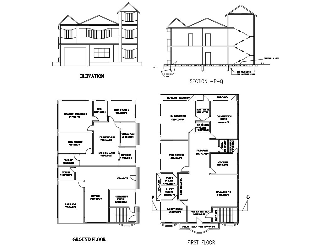 Popular two level house elevation, section, ground and first floor plan details throughout two storey residential house floor plan with elevation