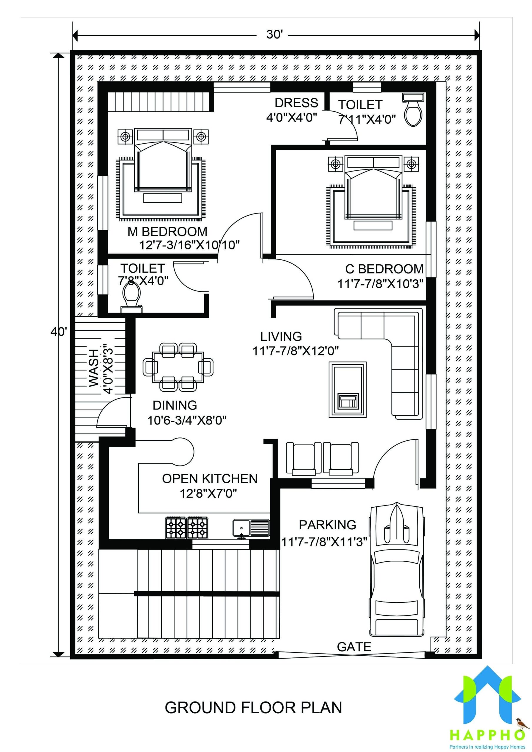 Top 1200 sq ft 2 bhk 031 happho | 30x40 house plans, 2bhk house plan in house plan for 15 feet by 60 feet plot plot size 100 square yards